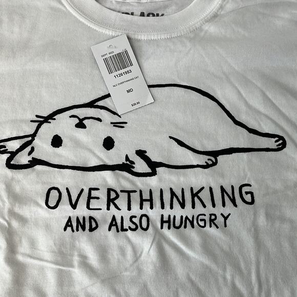Hot Topic Black Matter Overthinking Cat T-Shirt By Fox Shiver White Black Medium - Picture 1 of 4